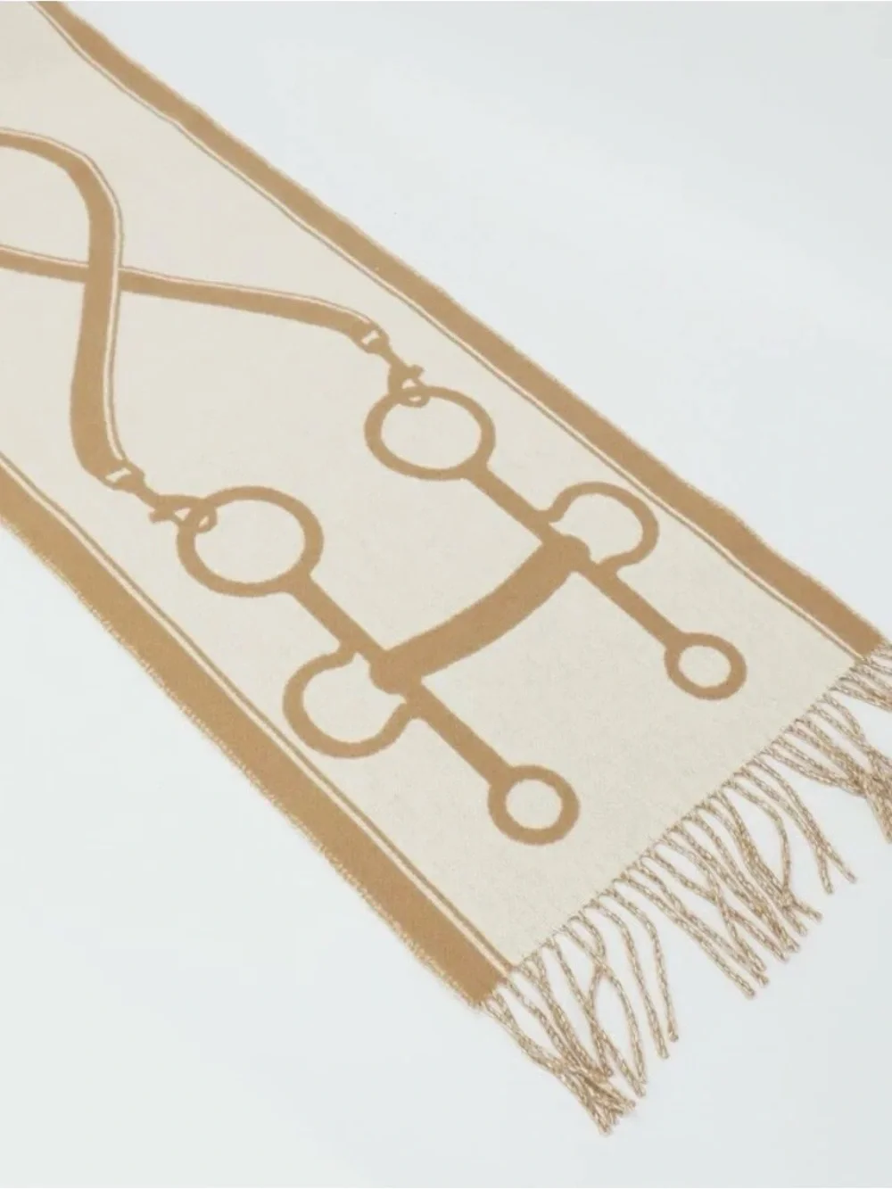 Brand New Hermes Beige and Cream Equestrian Logo Wool Scarf